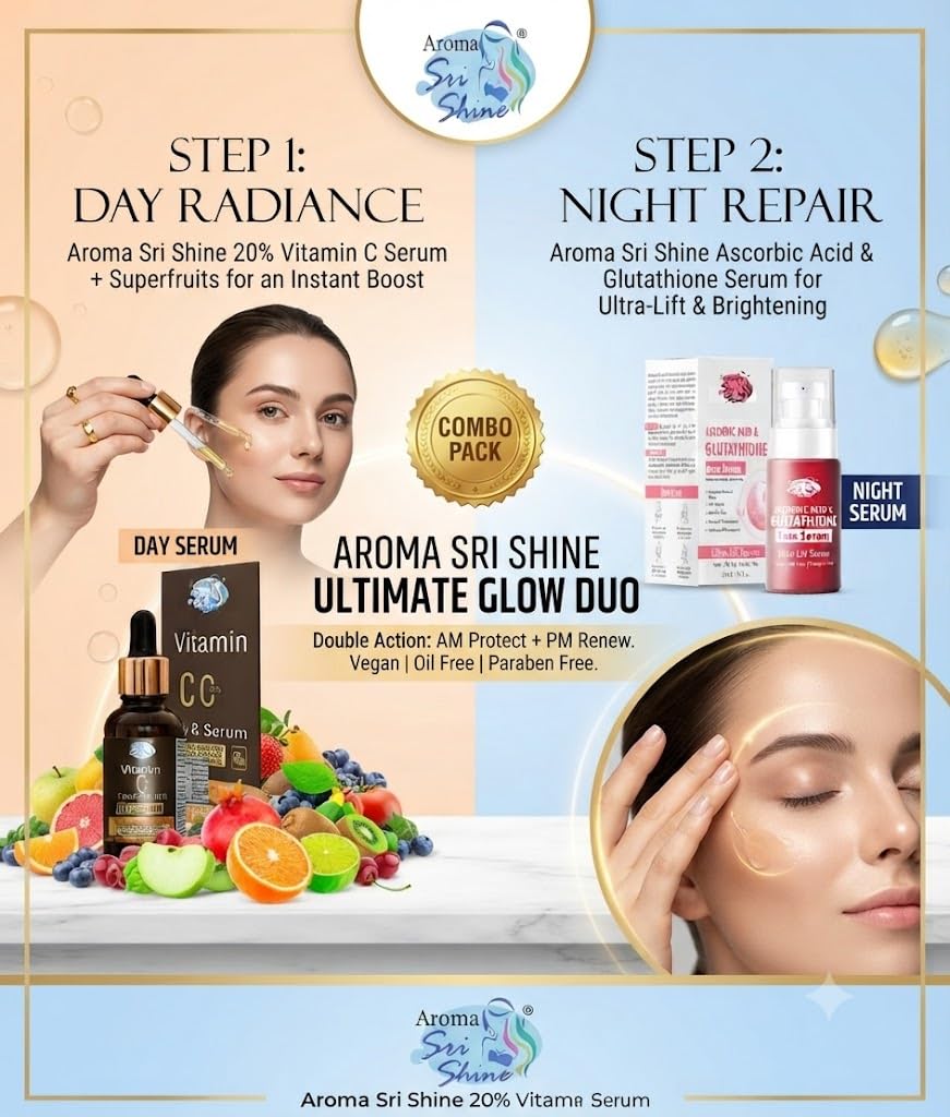 aroma sri shine ultimate glow duo combo pack – am/pm skincare routine | 20% vitamin c serum with superfruits (day) & ascorbic acid & glutathione serum (night) for anti-aging, brightening, and deep hydration