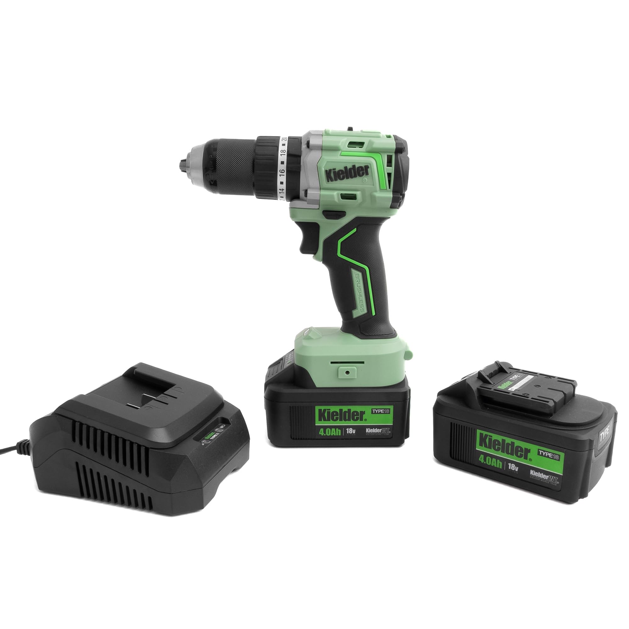 Kielder KWT-020-03 TYPE18 Kit de perceuse combiné ultra compact 18 V 13 mm 75 Nm, 2 batteries 4,0 Ah, chargeur, clip ceinture et étui de transport Pro