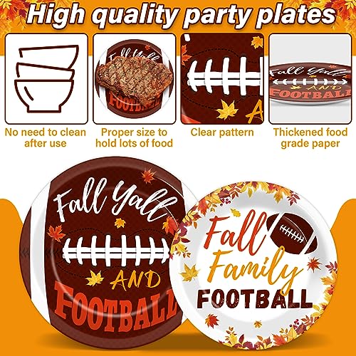 Image of 96 Pcs Football Fall Party Supplies Football and Fall Y'all Tableware Plates Napkins Rustic Football Autumn Dinnerware Table Decorations Maple Leaves Thanksgiving Holiday Party Favor for 24 Guests