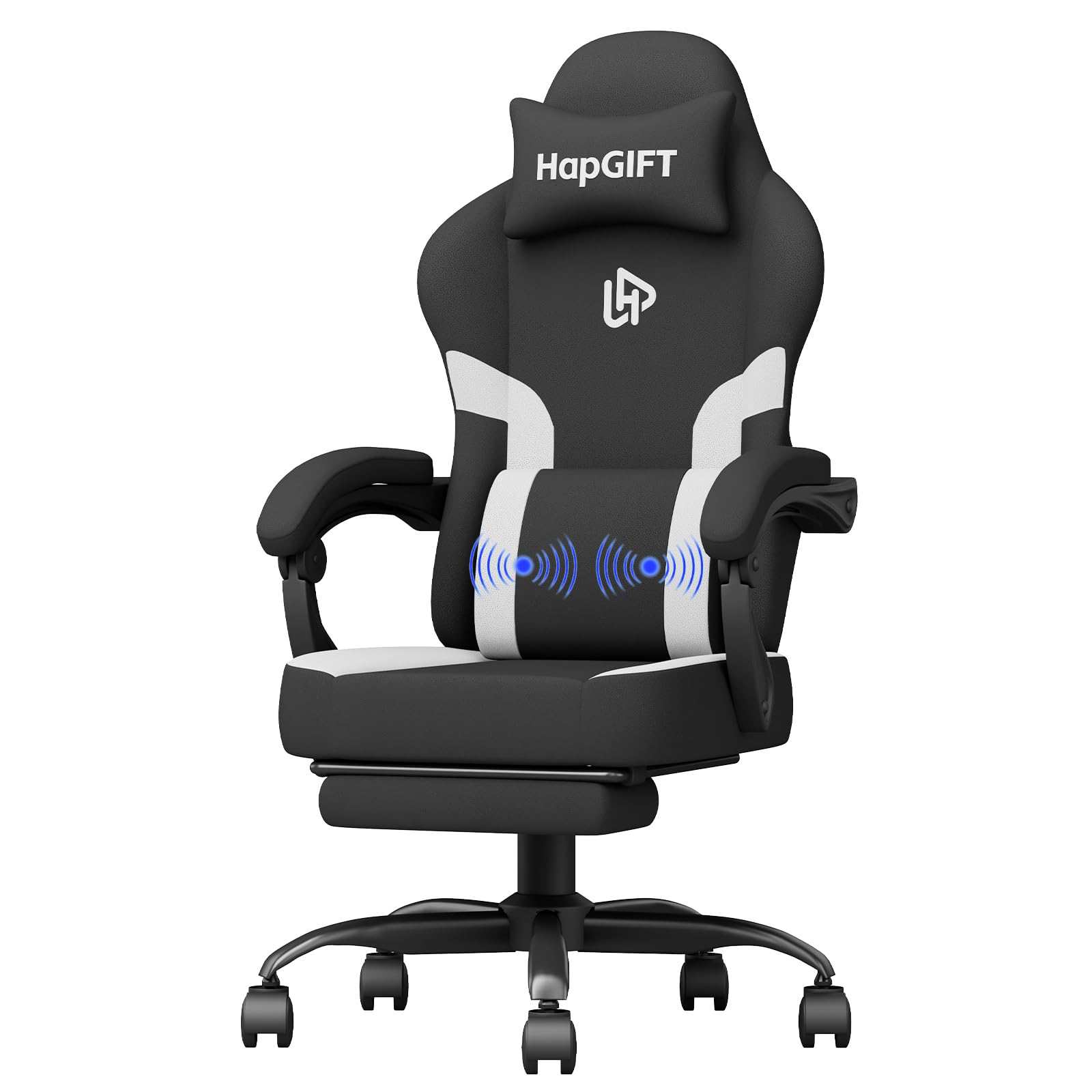 HapGIFT Silla Gamer Gaming Profesional, Silla Gaming Ergonómica con Masajeador Cojín Lumbar y Altura Regulable, Silla Gamer Adulto con Reposacabezas y Reposapiés Retractable, 150kg, Blanco The Forest Stewardship Council