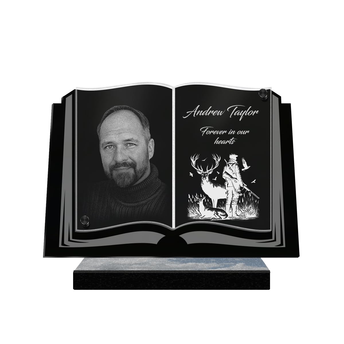 ETERNEL - Personalized Funeral Plaque Book Hunting Customizable Photo and Text, laser-engraved funeral plaque for tribute, tombstone, mortuary, ceremony, commemoration