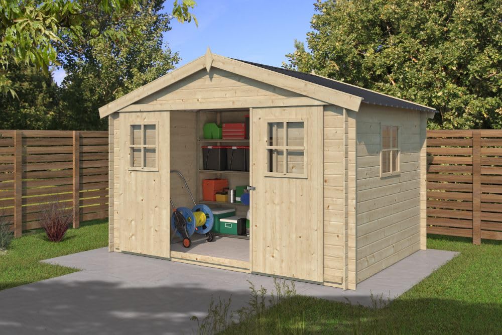 Alpholz Gartenhaus EVERE aus Fichten-Holz, Gerätehaus mit 19 mm Wandstärke, Garten Holzhaus inklusive Montagematerial, Metalldach, Geräteschuppen 330 x 270cm mit Satteldach