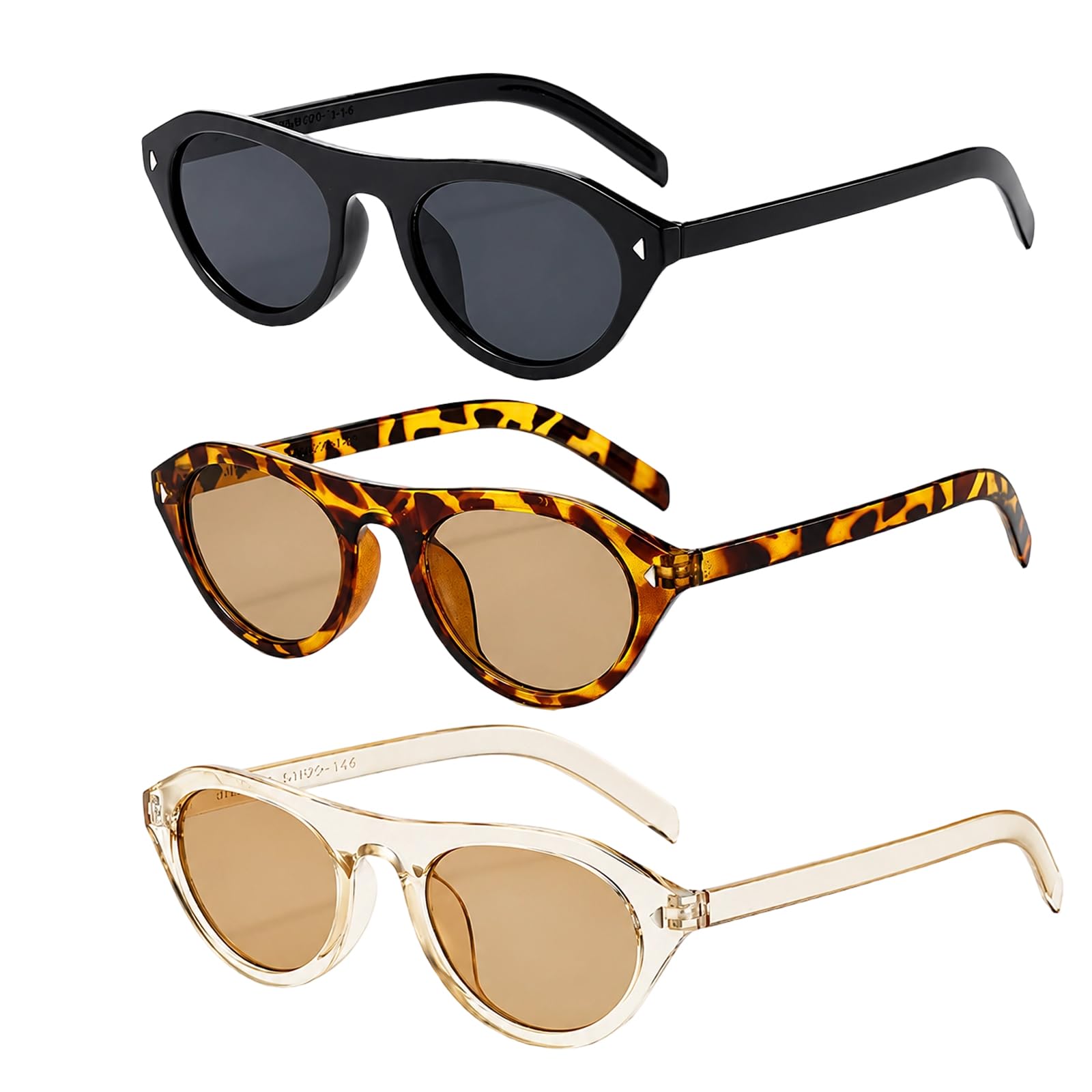 Wtoawgt 3 Pcs Cats Eye Sunglasses Womens, Retro Oval Sunglasses for Women Men, Trendy Vintage Cateye Shades, Classic Design, Chic Cool Sunnies UV400 Protection