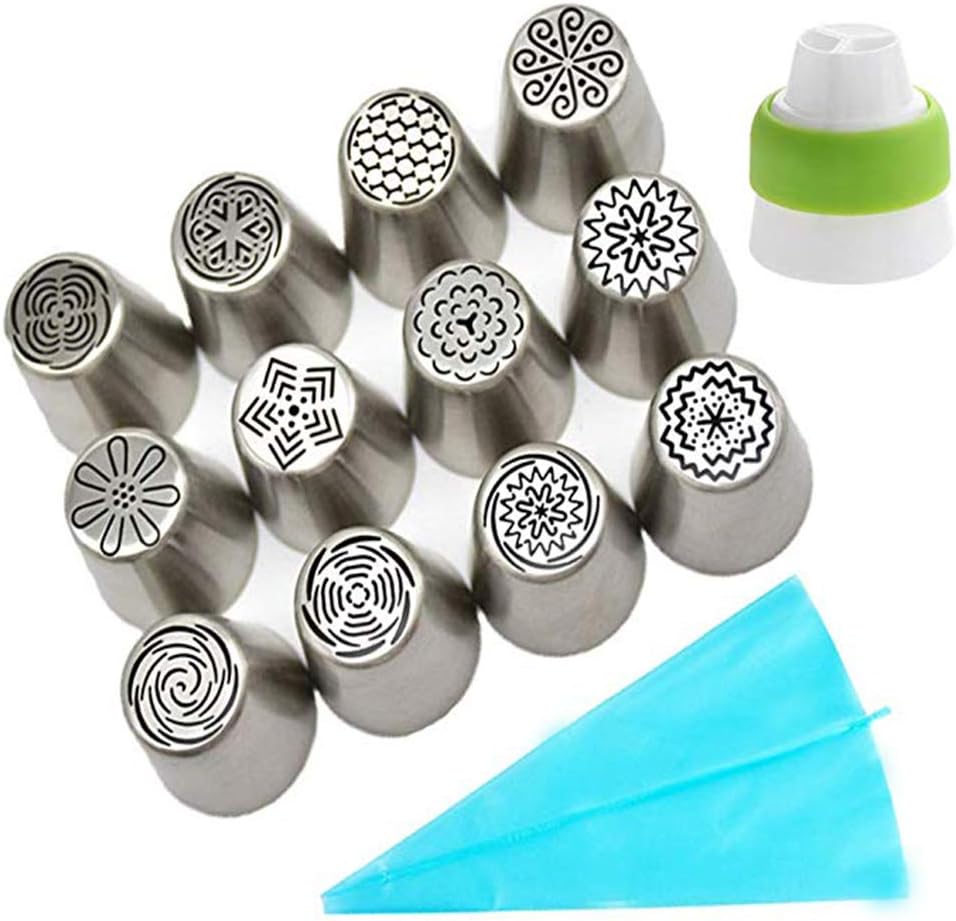 Russian Icing Piping Nozzles Flower,Silicone Icing Piping Cream Pastry Bag,12PCS Stainless Steel Nozzle and Converter,Pastry Tips DIY Cake Decorating Tools 14 Pcs/Set