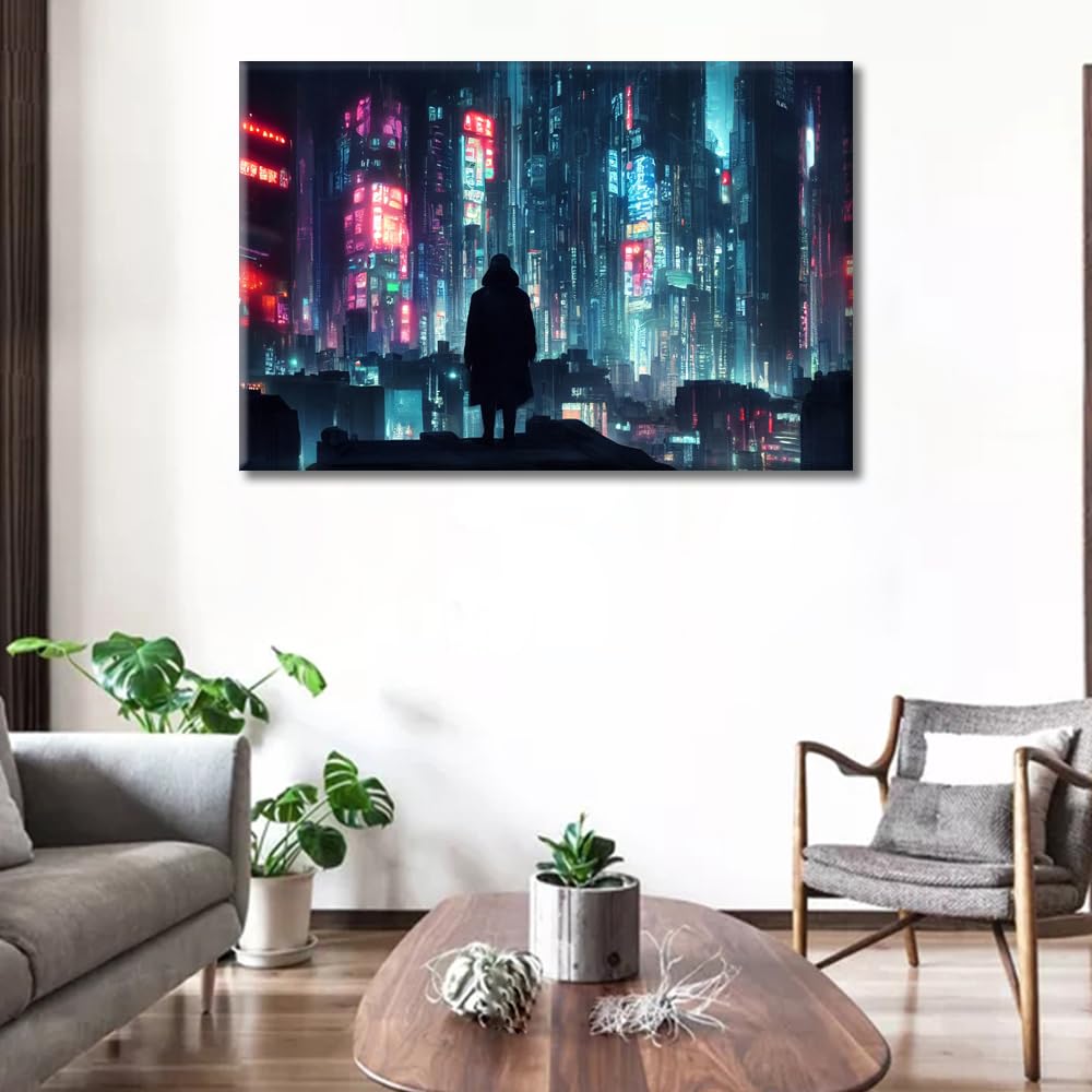 1 Pieces Cyberpunk City Full of Neon Lights Wall Art Wall Painting Future City Concept Pictures Print On Canvas Modern Canvas Prints Wall Decor Artwork Framed Poster Office Wall Decor - Image 3