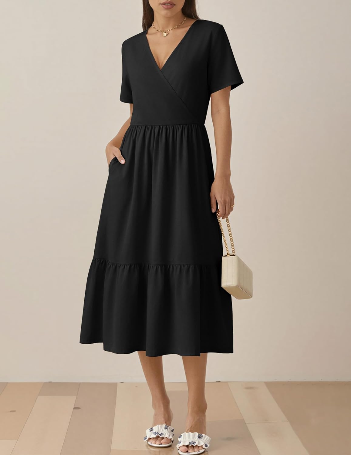 Zeagoo Womens Summer Warp V-Neck Casual Dresses Short Sleeve Midi Floral Dress with Pockets Tiered Flowy A Line Sundress - Image 3