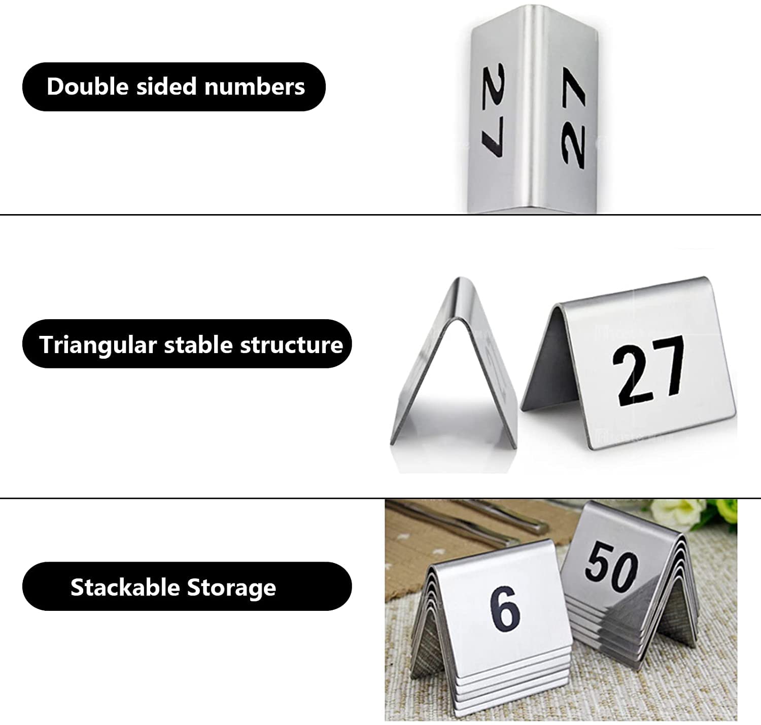 Tarjetas de número de mesa de acero inoxidable 1 a 50/1 a 100, tarjeta de restaurante digital, doble cara para un fácil reconocimiento, tarjeta de etiqueta de número de escritorio de visualización t