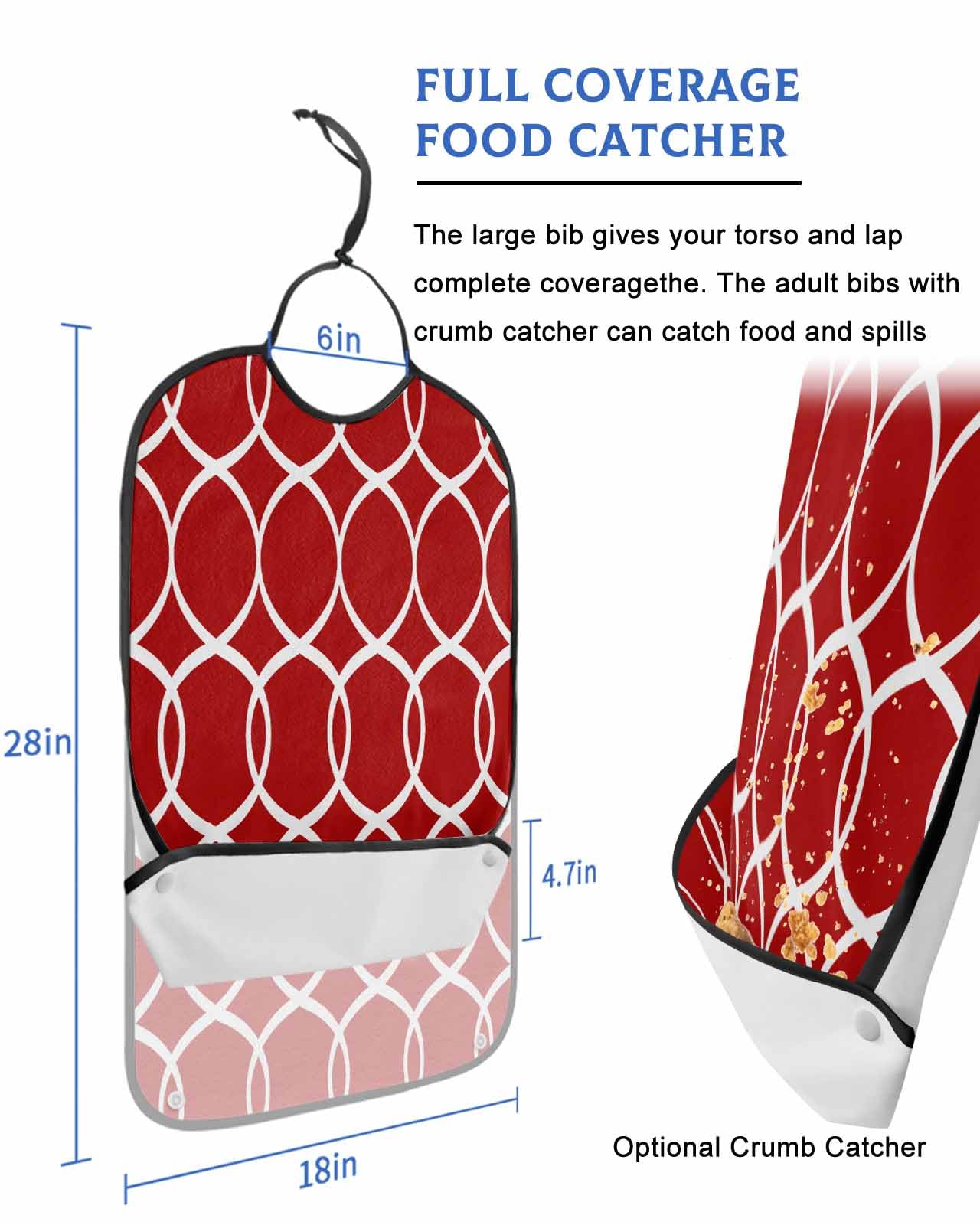 LEOKOTI Red Geometric Adult Bibs for Eating, Waterproof Bibs with Food Catcher & Adjustable Snap Closure, Abstract White Modern Contemporary Washable Clothing Protectors Adult Bibs for Elderly