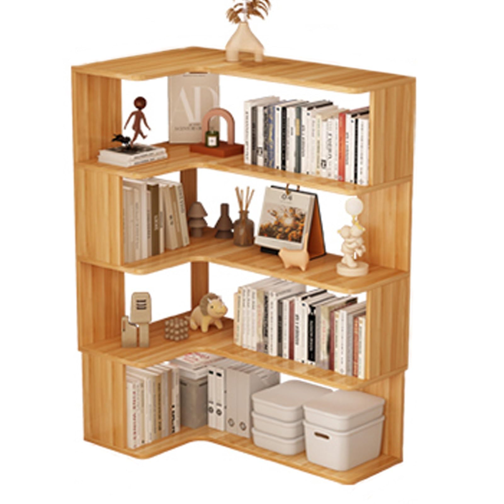 Libreria angolare a forma di L, espositore in legno massello, libreria da pavimento con pannello anti-goccia, per spazi ristretti (128 cm)