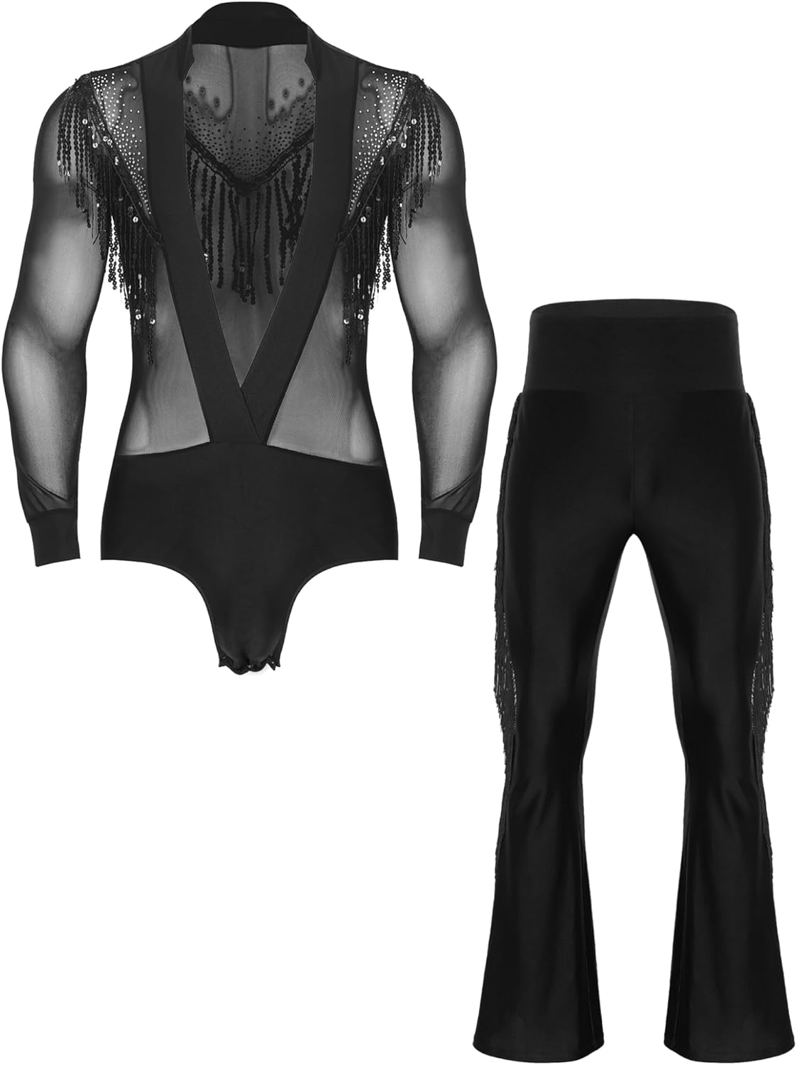 XUNZOO Men Ballroom Dance Outfit Latin Salsa Deep V-Neck Sheer Dance Leotard with Tassel Bell Bottom Pants