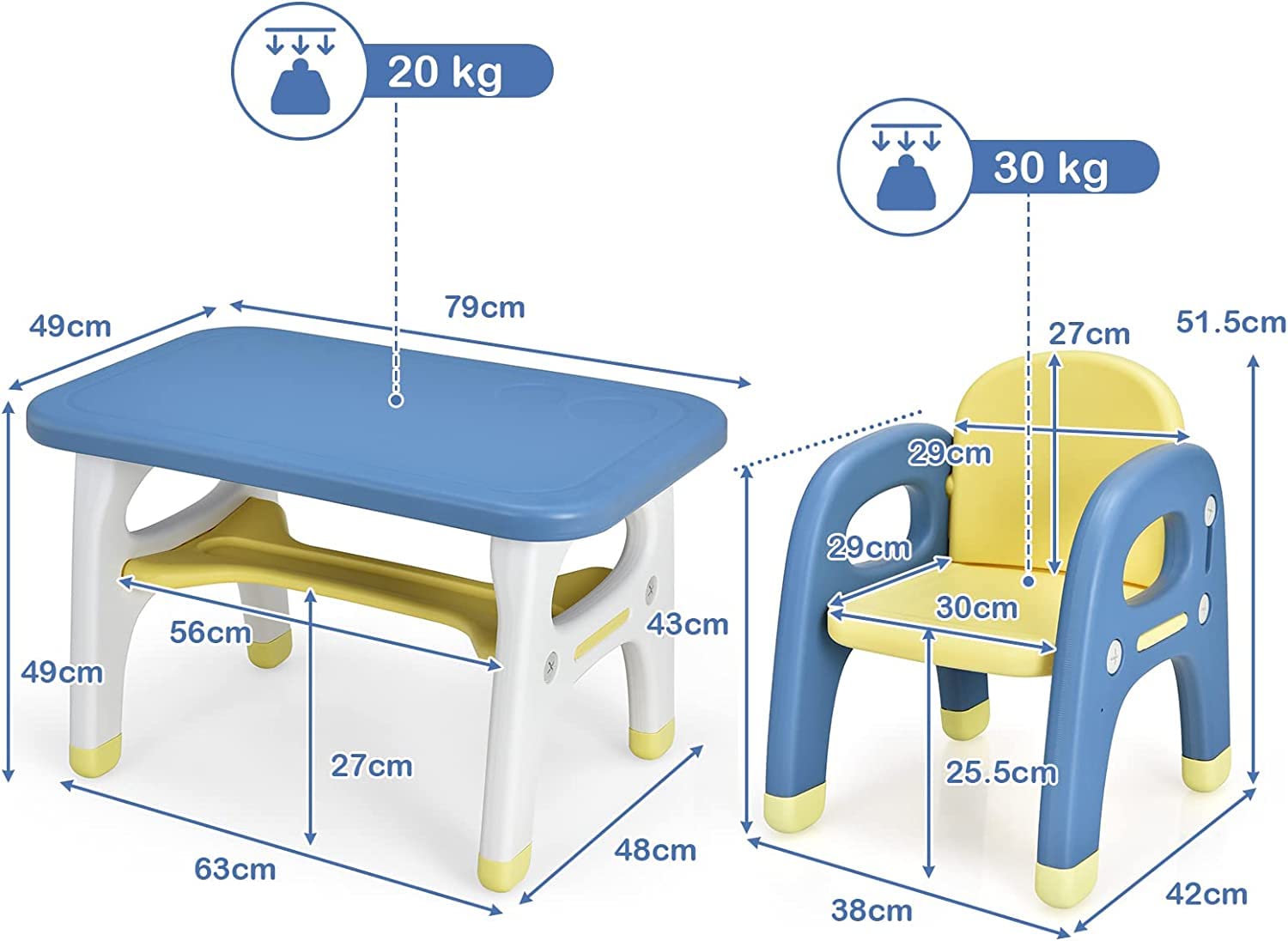 RELAX4LIFE Set Tavolo e Sedia per Bambini, Sedia a Forma di Dinosauro, Inclusi 3 Set di Costruzioni, Carico 30 kg (Blu)