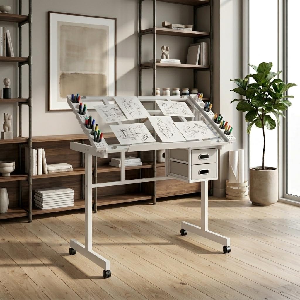 Adjustable Glass Top Drafting Table Art Drawing Craft Station with 2 Fabric Drawers and 4 Wheels for Drawing Painting Crafting White