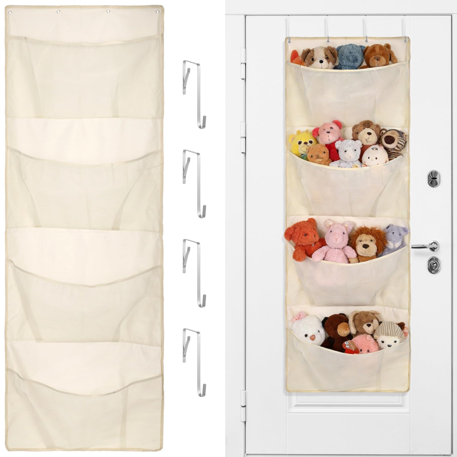 Stuffed Animal Storage, Over the Door Organizer, Extra Long Hanging Door Organiser with 4 Large Mesh Pockets & 4 Hooks, Space Saving Plush Toy Storage for Playroom, Bedroom & Living Room (Beige)