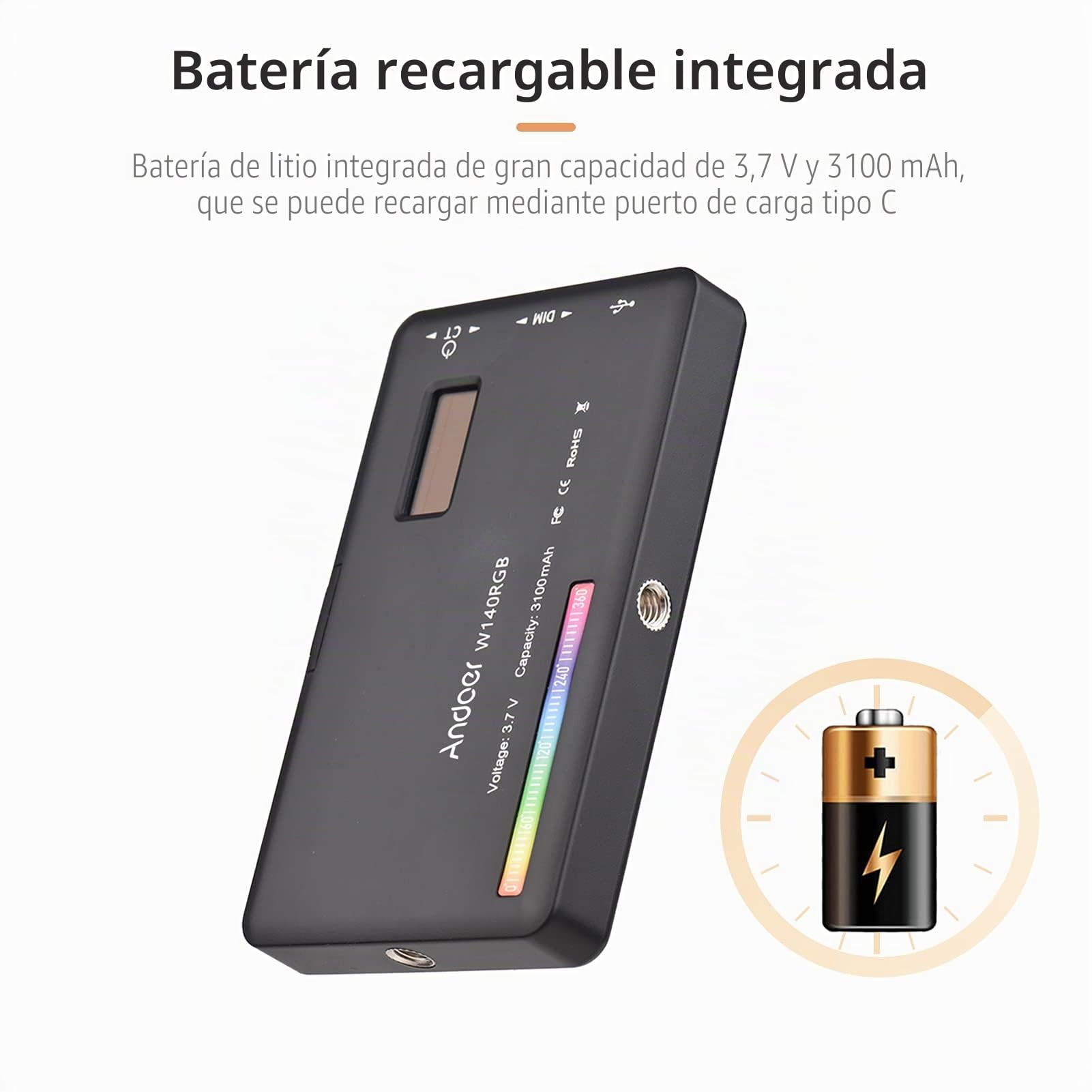 Andoer - Lámpara de vídeo LED RGB con batería de 3100 mAh, Mini luz para cámara, Intensidad Variable 2500K-9000K, Recargable con Pantalla LCD para Macro, fotografía de Productos y Vlogs