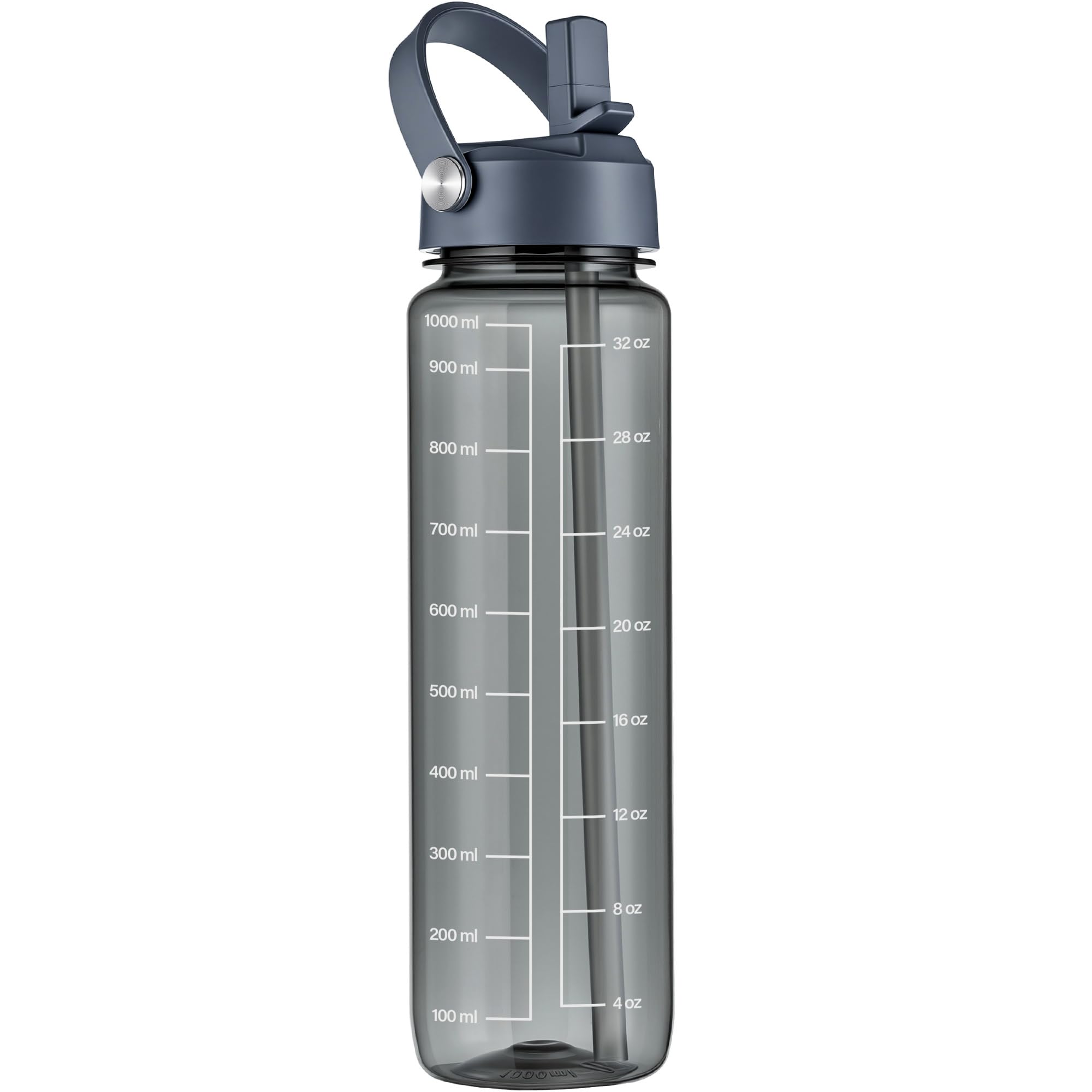 GOPPUS 1000ml/32oz Clear Water Bottle with Straw, Tritan Leakproof Sports Drinking Bottle, BPA Free Wide Mouth Gym Bottle with Handle and Measurement Marks for School, Gym, Travel (Grey)