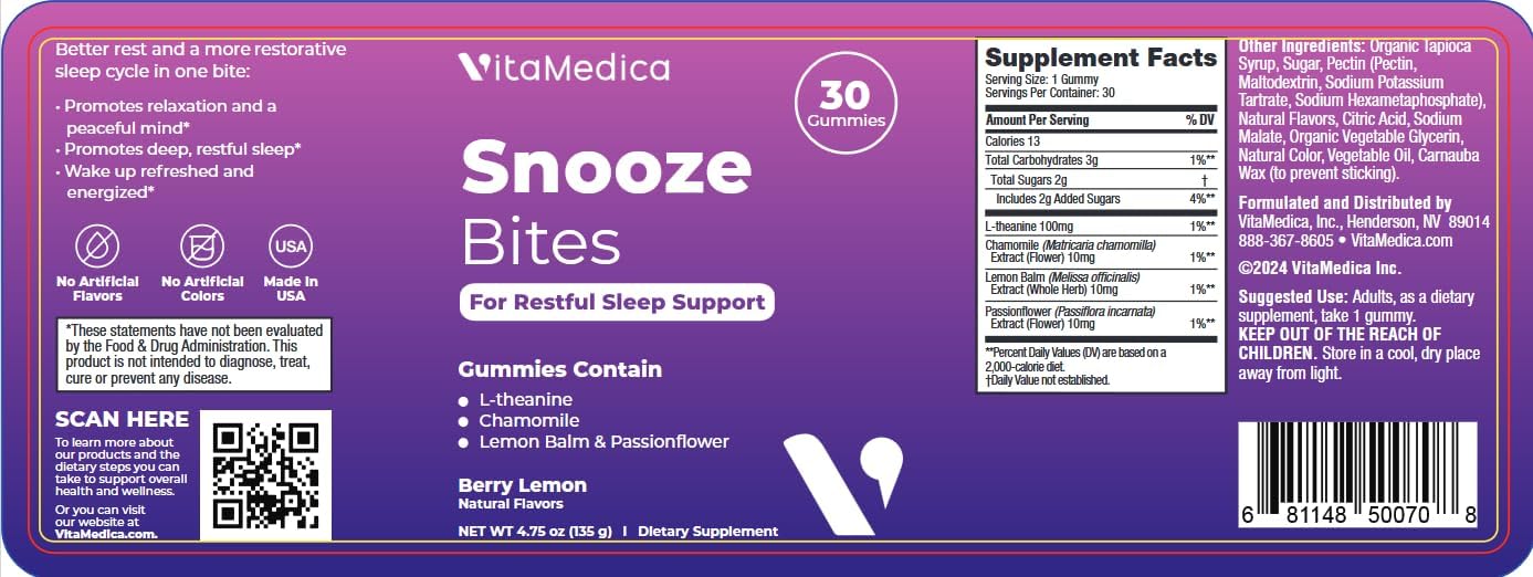 VitaMedica Snooze Sleep Gummies - Melatonin-Free, Zero Grogginess - L-Theanine, Chamomile, Passionflower & Lemon Balm - Sleep Aid Gummies for Adults - 30 Count - Image 7