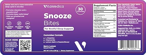 Miniatura 7 de VitaMedica Snooze - Gomitas para dormir, sin melatonina, cero aturdimiento, L-teanina, manzanilla, pasiflora y bálsamo de limón, gomitas de ayuda