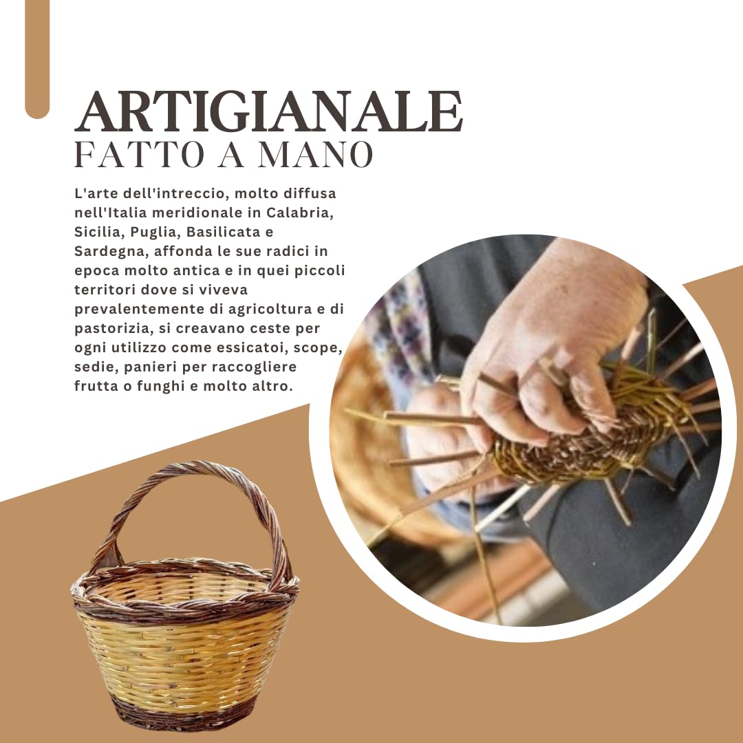 Cestino Vimini con Manico | Cesto Funghi Picnic Decorativo | Multiuso - Prodotto Artigianale, Resistente e Pratico (22_x_24_cm, 33)
