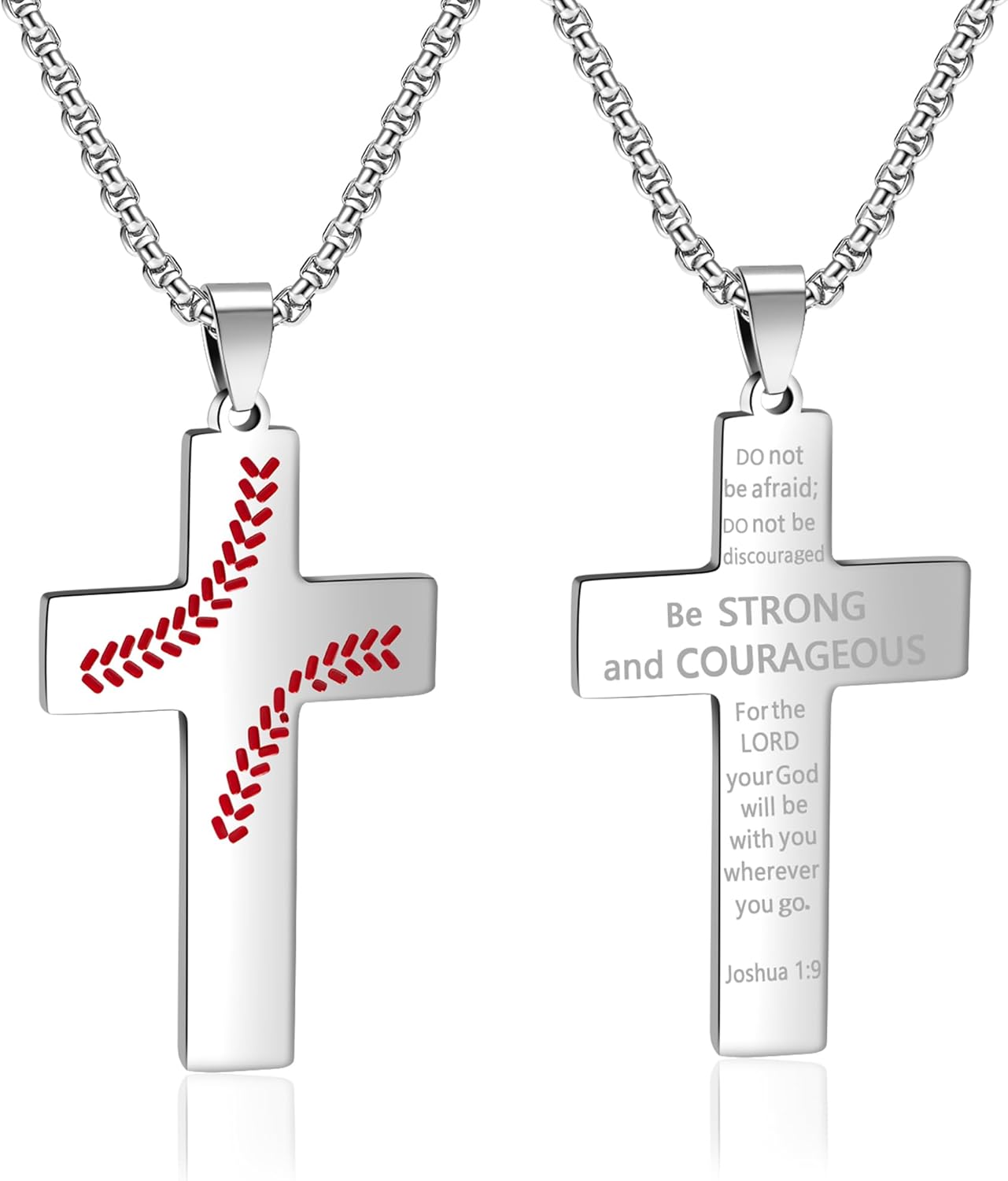 Baseball Cross Necklace for Men. Baseball Necklace Gifts for Mens. Black Stainless Steel Inspirational Bible Verse Cross Pendant Chain, First Communion Baptism Religious Sports Gifts
