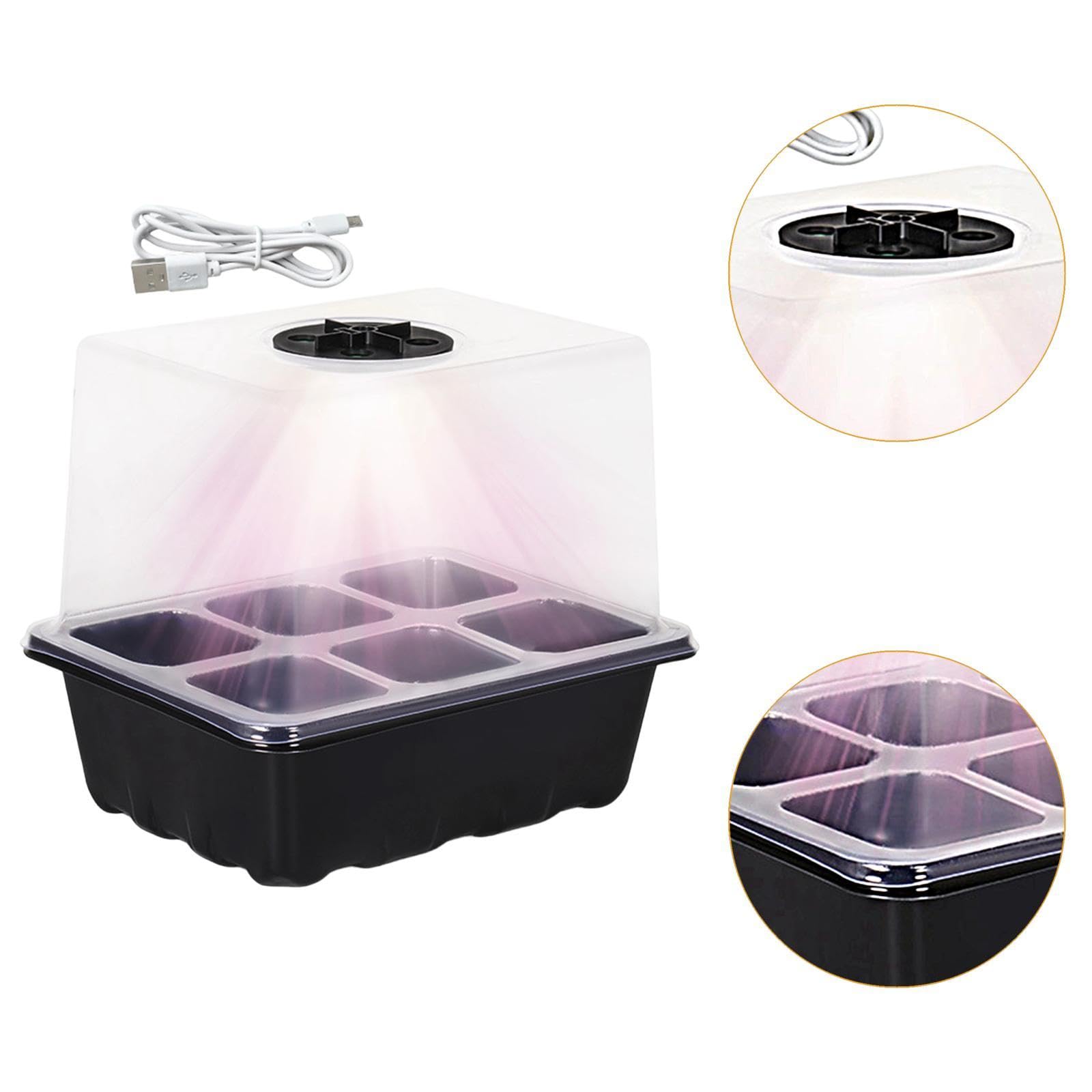 【発芽率アップ・ライト付き】育苗トレイ 穴あき箱 ライト付き育苗ポット 6/12穴 植え付け種子トレイ 透明カバー 発芽率向上 通気性 排水性良好 室内栽培 プランター 種まきハウス 苗箱 水耕栽培 ガーデニング 家庭菜園用 発芽育苗セット 植物育成, ブラック 6 スロット - 4