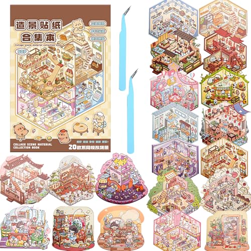 Mocrop 20 Set di Adesivi 3D Scene Bambini Fai Da Te Adesivi per Casa, Ristoranti, Supermercati, Biblioteche, Feste Set di Adesivi 3D, Con 2 Pinzette, Artigianato Creativo, Regali per Bambini
