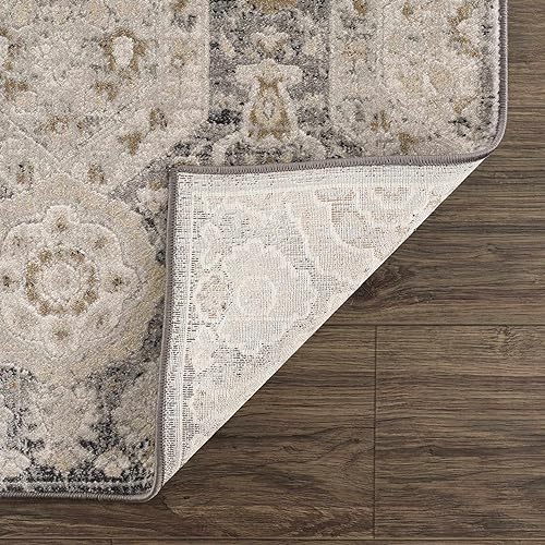 Image of Hauteloom Kismet Boho Vintage Traditional Damask Area Rug - Farmhouse Traditional Floral Medallion Carpet for Living Room, Bedroom, Dining Room - Black, Tan, Gray, Brown, Beige 6'7 inch x 9' (6x9)