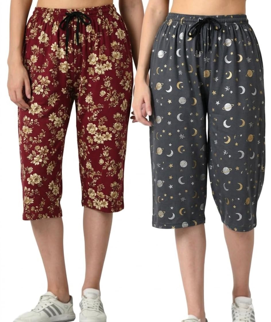 Women's Capri Pants, Floral and Celestial Print, Drawstring Waist, Pack of 2 (Prints and Colors may Vary)-image-37