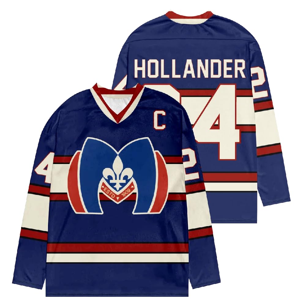 Shane Hollander 24 Hockey Jersey – Pull unisexe bleu marine col en V manches longues