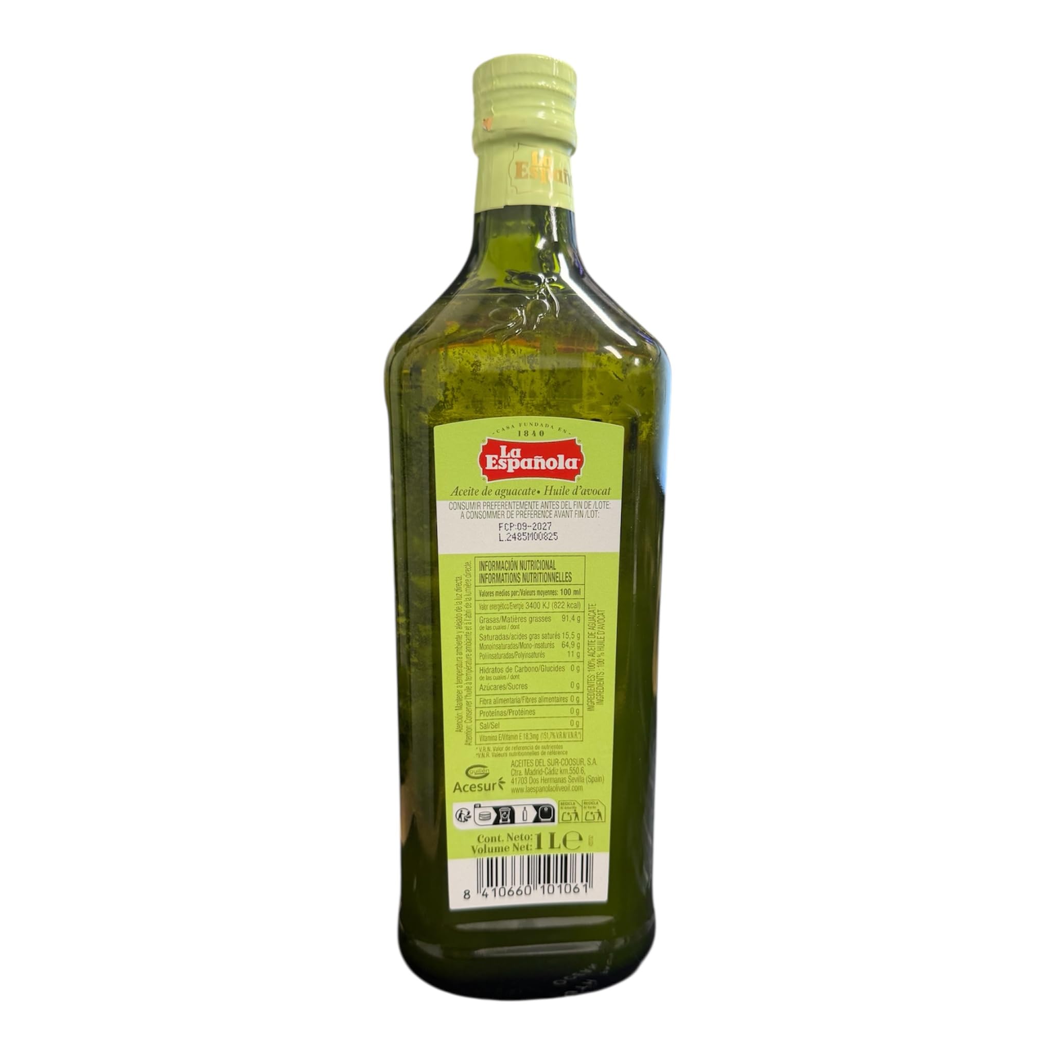 Aceite de Aguacate 100% Puro 1 L | Prensado en Frío, Alto Punto de Humo | Perfecto para Freír, Cocinar, Asar, Ensaladas, Dieta Keto, Repostería y Cocina Saludable