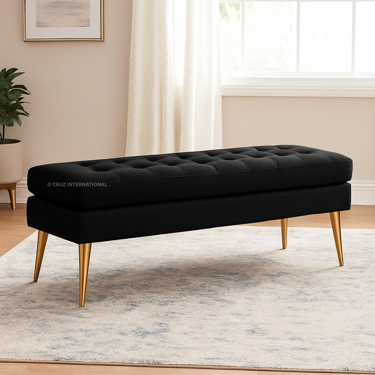 CRUZ INTERNATIONAL - online shopping-be ready ! Rectangular 3-Seater Upholstered Ottoman Settee Couch Bench Pouffe Footstool - Teal Sofa for Living Room, Bedroom, or Office (Black)