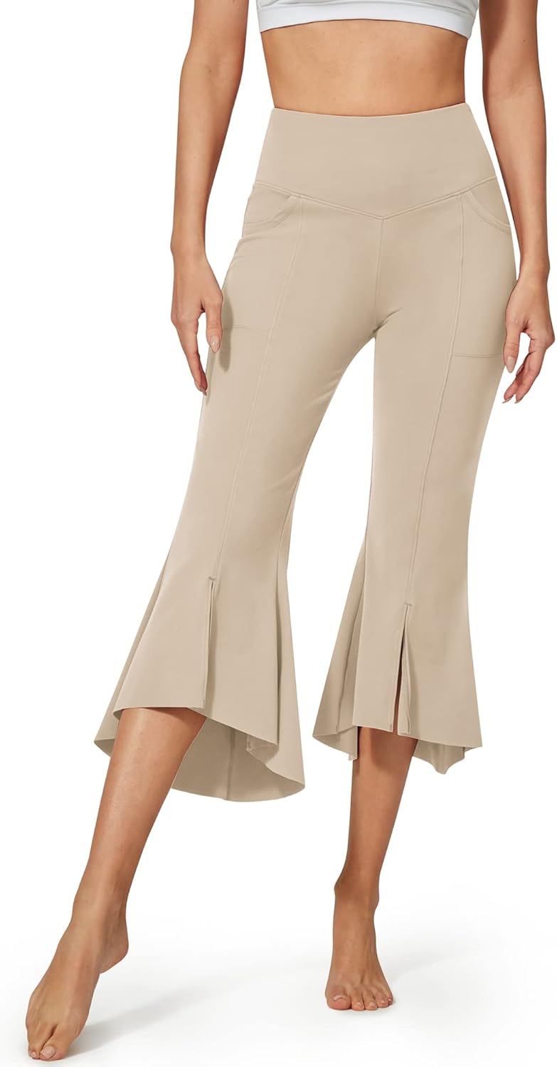 G4Free Capri Pants for Women Stretch Yoga Dress Pants with Pockets Ruffle Bell Bottom Athletic Work Leggings