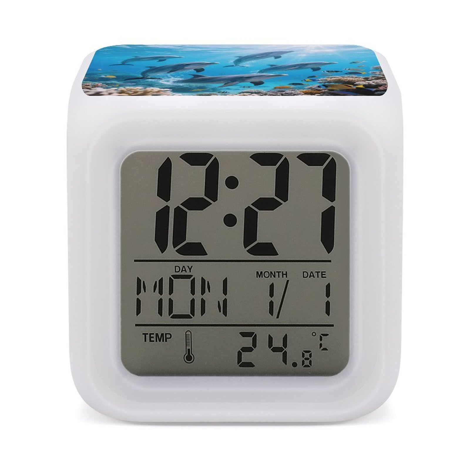 VstaDank Cute Dolphins Alarm Clock with Date Temperature Large LED Display Number Clocks with 7 Colors Changing Desk Clock Battery Operated Digital Clocks with Date for Heavy Sleepers