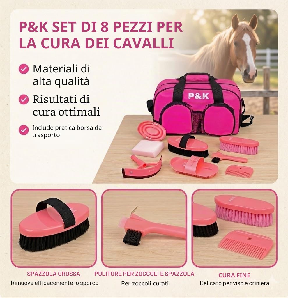 Set di Strumenti Rosa per la Cura del Cavallo