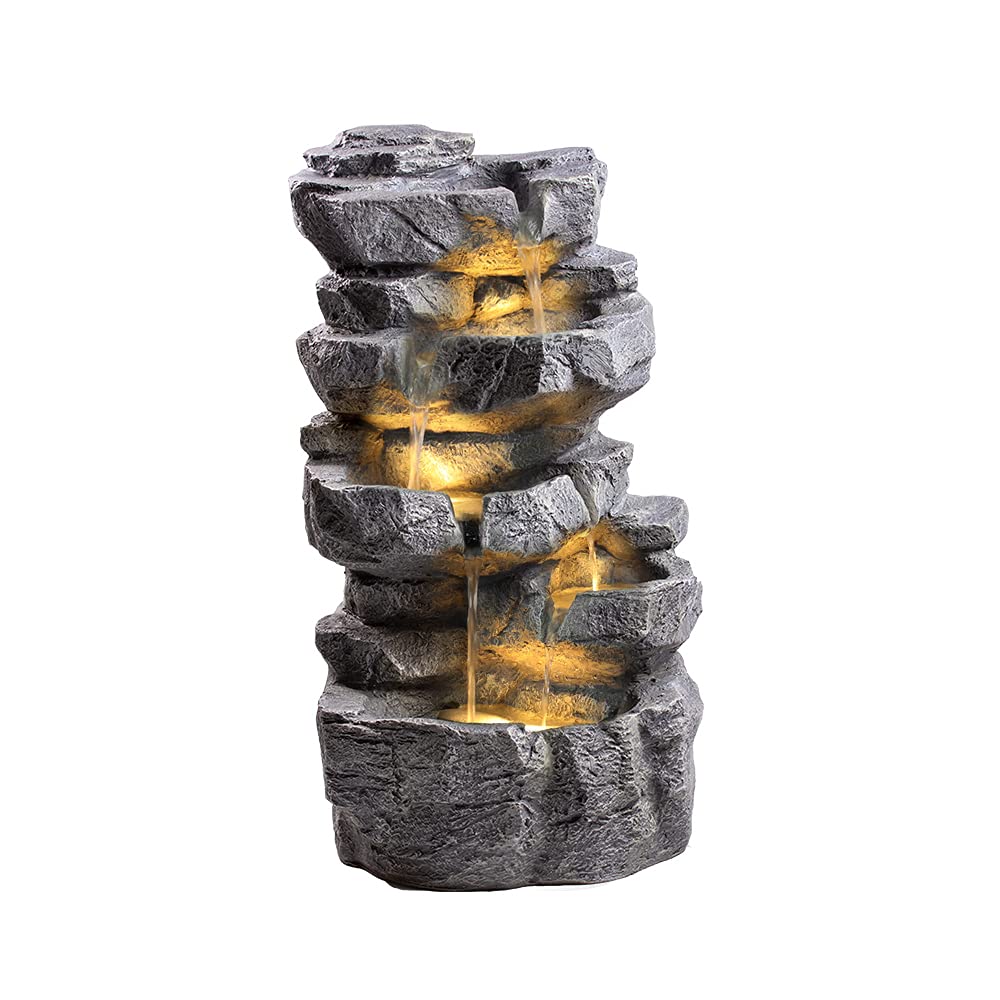Allpondsolutions Multicolor Rock Stone Cascade Water Feature With White Led Lights (70Cm Tall) | 5 Tier Cascading Water Feature, Self Contained, Outdoor - 42 X 38 X 70Cm