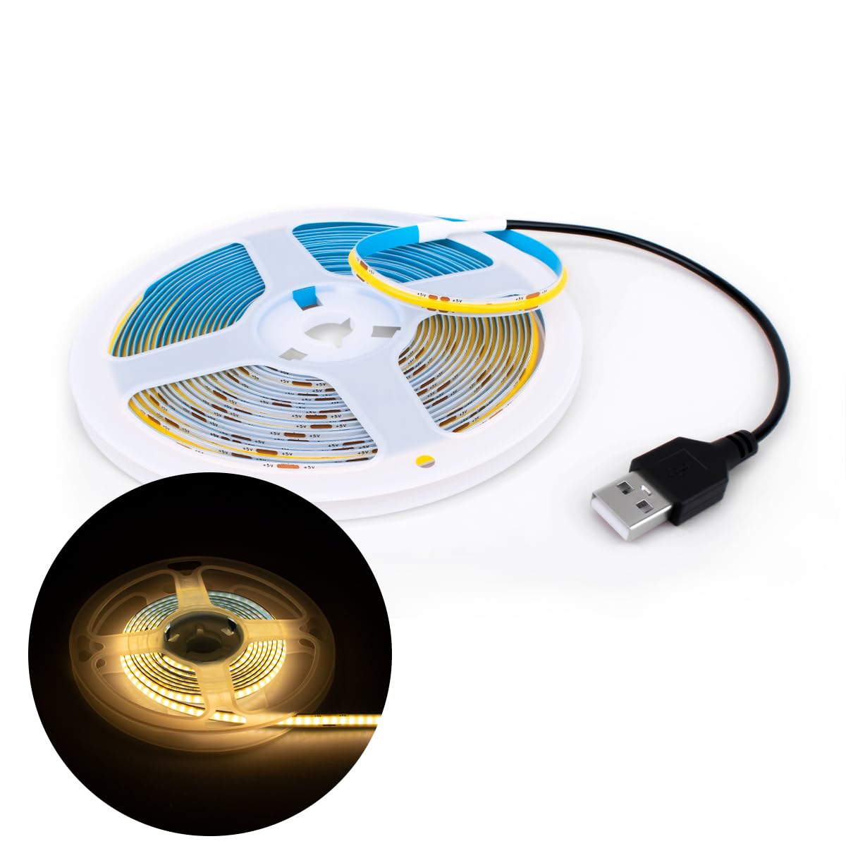 Innfeeltech 5M COB LED Light Strip, 5mm Width 5V 3000K 320LEDs/m Light Strip with USB Connector