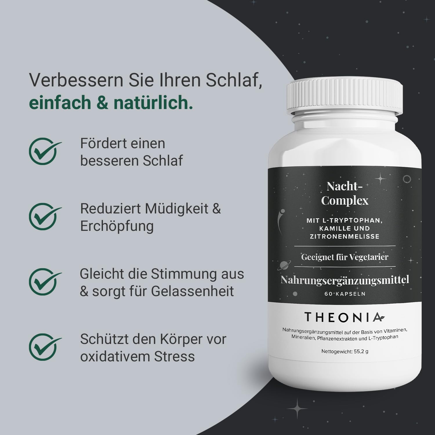 Theonia Nacht-Complex mit 100 mg L-Tryptophan, Kamille & Zitronenbalsam Natürliches Nahrungsergänzungsmittel für Schlaf & Entspannung – 60 Kapseln, gentechnikfrei, vegetarisch