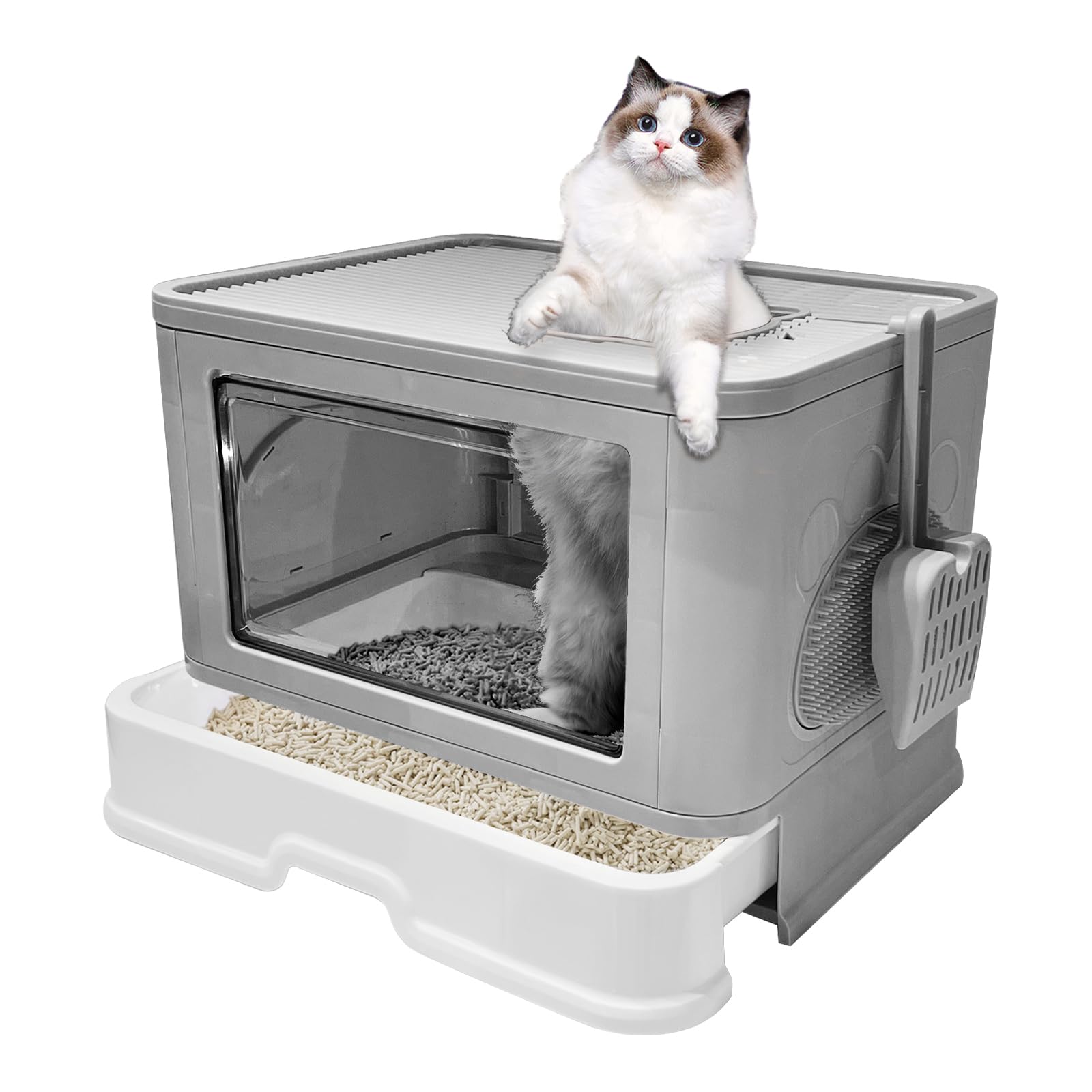 Foldable Box, Enclosed Potty with Scoop, Front Entry Top Exit Cat Litter, Closed Smell Proof Anti Splashing, Drawer Type Cat Litter Easy to Clean