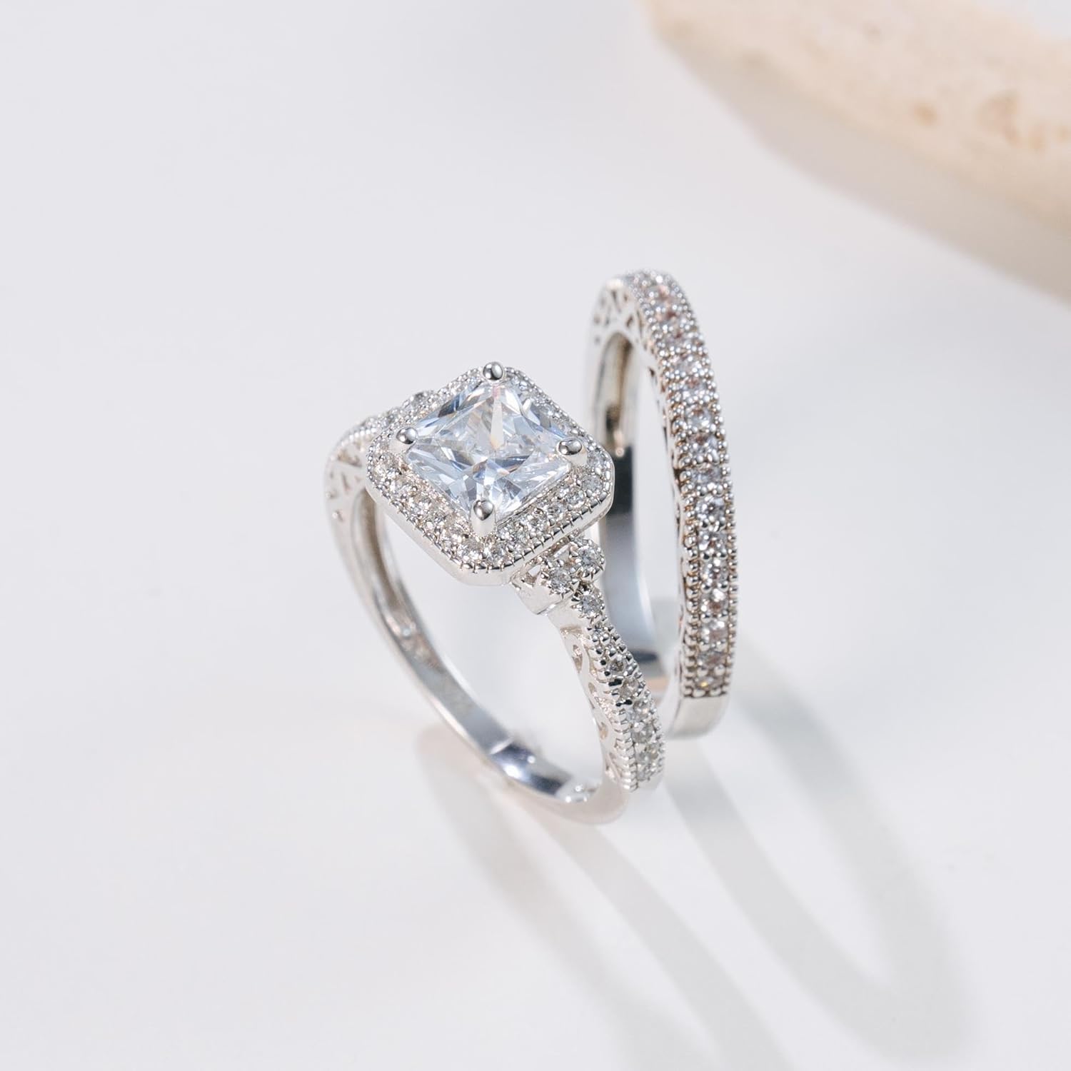 1.2CT Princess Cut Engagement Ring for Women, Wedding Promise Cubic Zirconia Band, Halo White Gold Plated Bridal Ring Set, Size 5-10 - Image 3