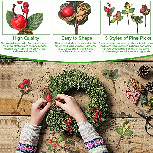 BUZIFU Artificial Christmas Picks 20 Pcs Christmas Holly Berry Branches Artificial Pine Cones Berry Stems Decor Bouquets Christmàs Foliage for Xmas Wreath Decorations DIY Xmas Crafts (5 Styles) - Image 3