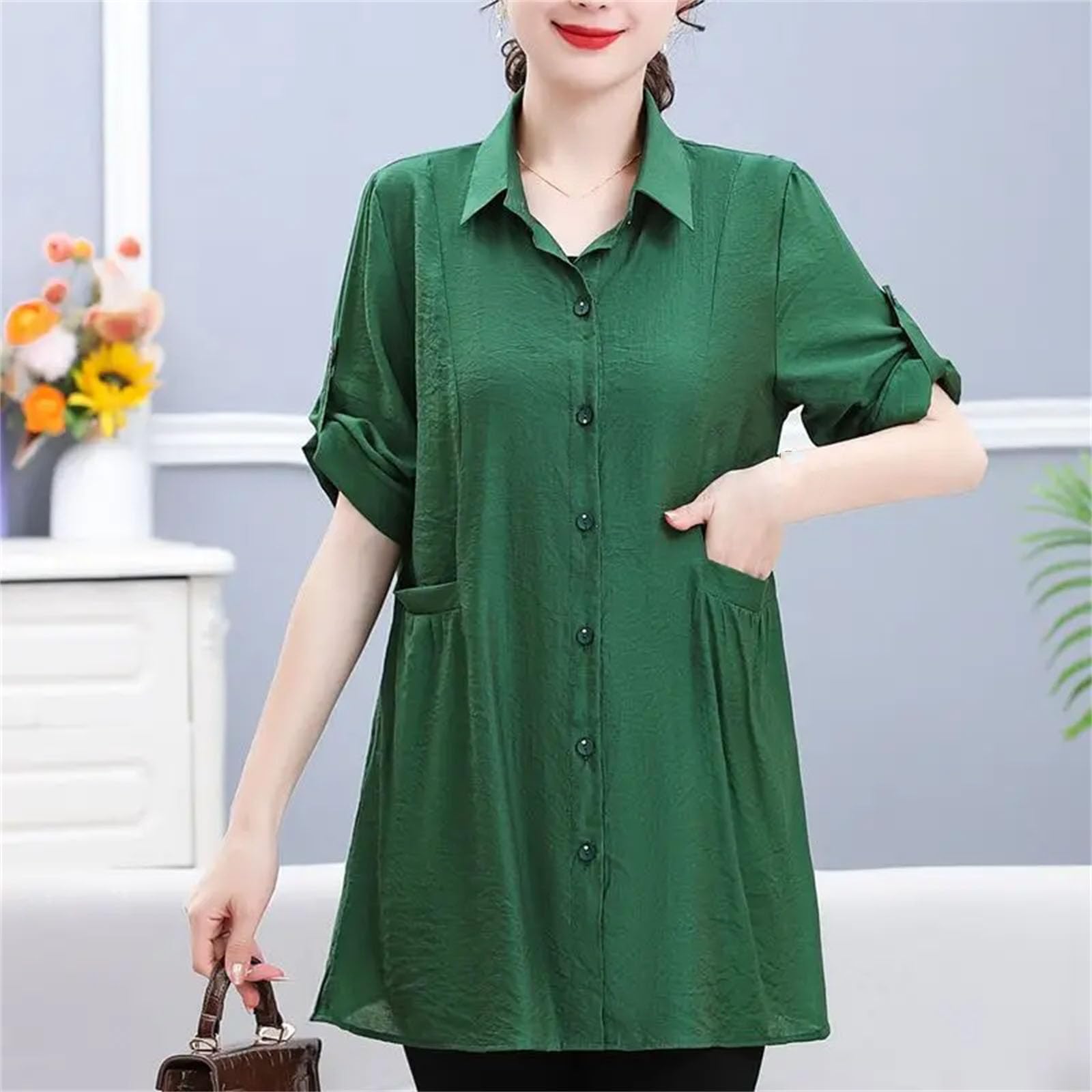 Camicetta da donna casual tinta unita midi monopetto colletto rovesciato maniche 3/4 tasche camicetta