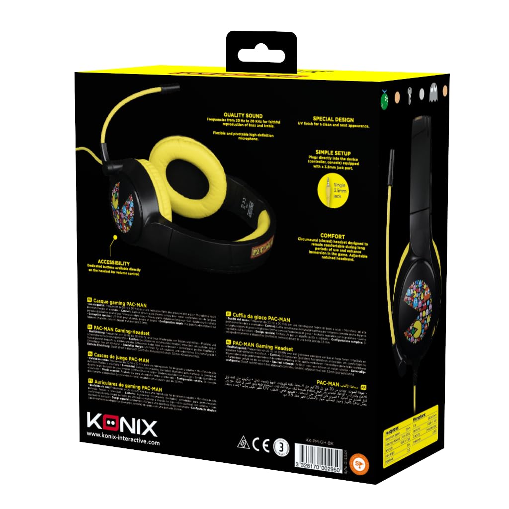 Konix Pac-Man Cuffie gaming circumaurali con cavo PC, PS5, Switch 2, Xbox Series X|S - Microfono 45° - Cavo 1,5 m - Jack 3,5 mm - Nero e giallo
