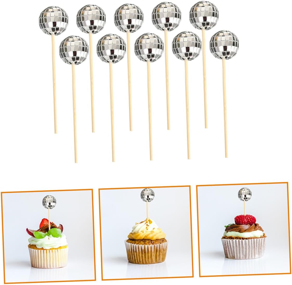 LIOOBO Disco Mirror Ball Cake Insert Topper Set, 4cm Glass Cupcake Picks Stick, Reflective Birthday Party Decoration, 10 Sets Non-edible Cake Decorative Toppers for Celebration
