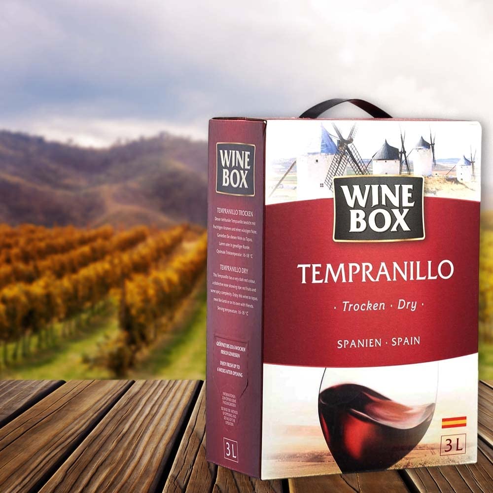 Wine Box Tempranillo, trocken, Bag-in-Box, sortenreines Weinpaket + VINOX Winecards (4x3,0l)