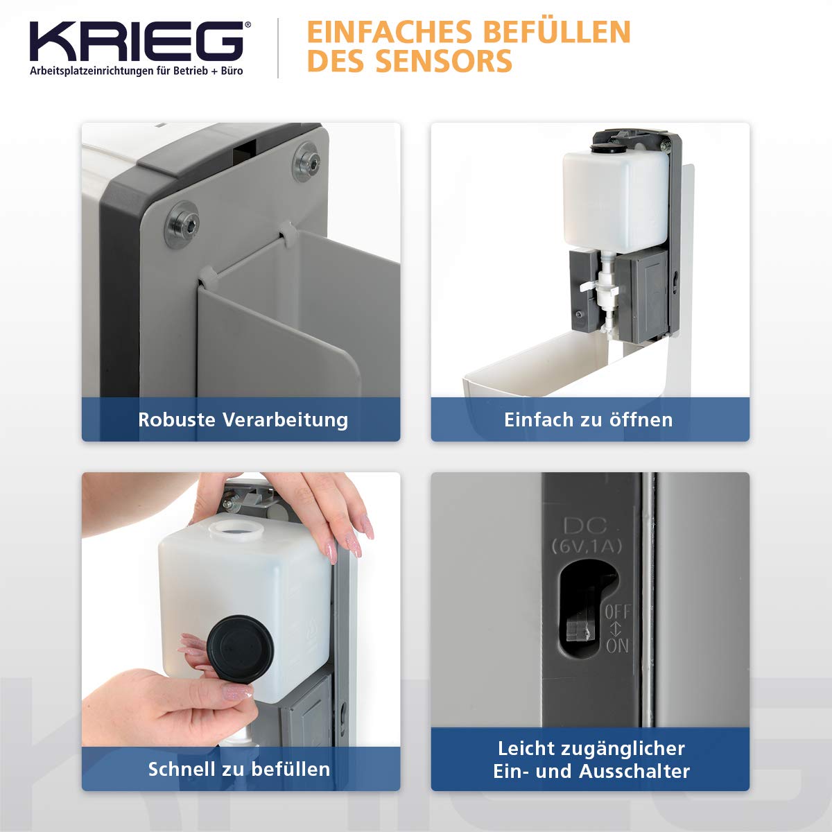 KRIEG Desinfektionsmittelständer mit Sensor I Silber I Kontaktlos Hygienestation 1000 ml - 333 Sprühstöße I Desinfektionsstation freistehend, höhenverstellbar, touchless I Hygienesäule Ready to go