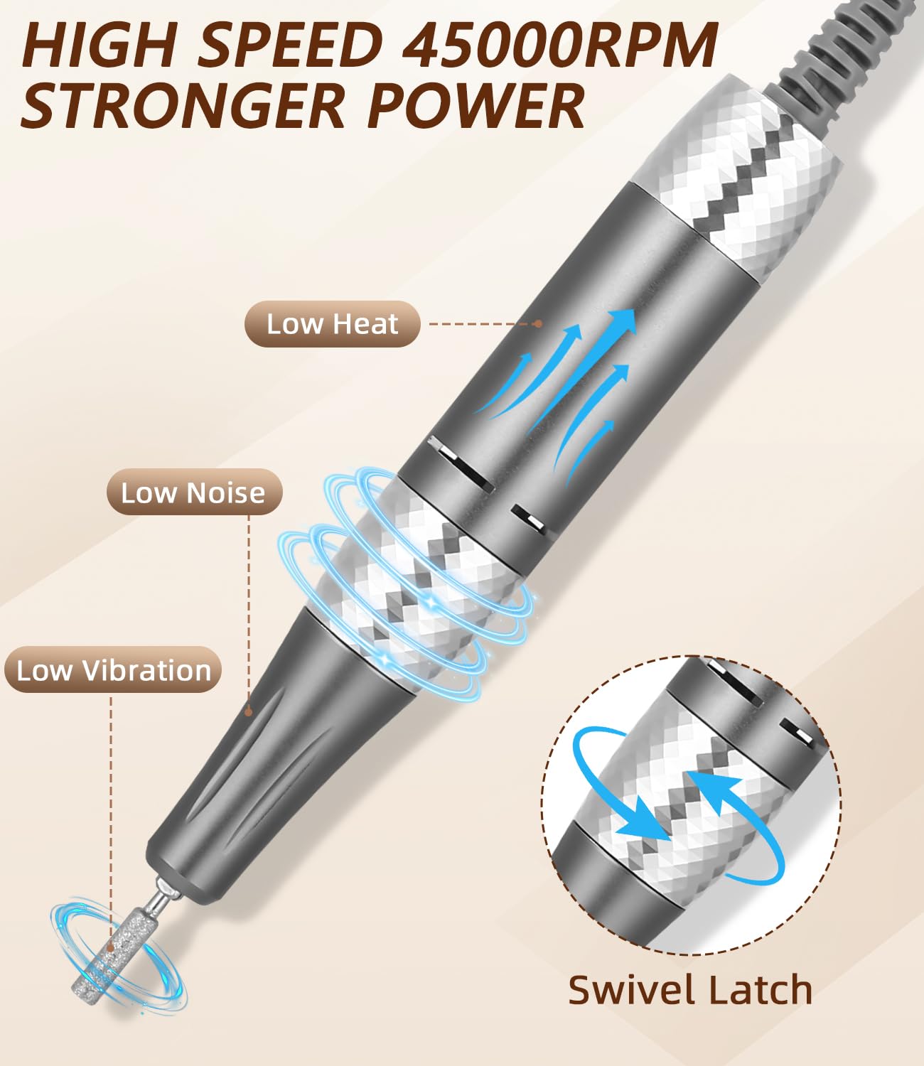 Zawaer Torno para Uñas 45,000RPM, Profesional Lima Electrica Uñas, Velocidad Ajustable,Set de Accesorios para Manicura y Pedicura con Brocas de Cerámica,para Uso Doméstico Salones de Uñas Dorado