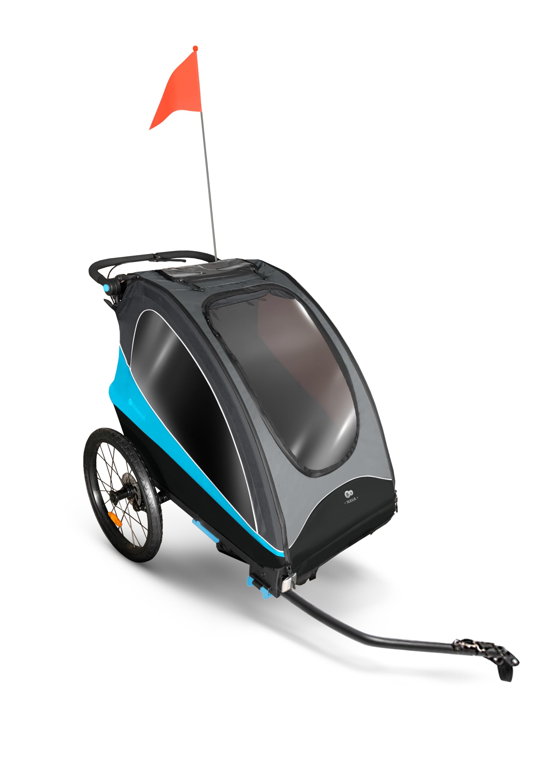 Kinderkraft NAVA 3 in 1, Rimorchio per bambini, Passeggino, Jogger, Carrozzina, Rimorchio per bicicletta, per uno o due bambini, 2x22 kg, Parapioggia, Protezione dagli insetti, Azul
