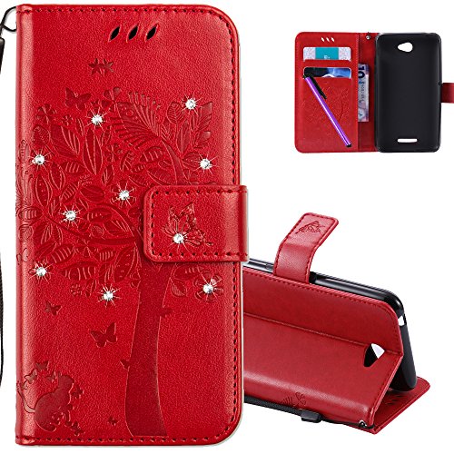 HMTECHUS Sony Xperia E4 case 3D Crystal Embossed Love Tree Cat Butterfly Handmade Bling PU Flip Stand Card Holders Wallet Cover for Sony Xperia E4 Wishing Tree Diamonds Red KT