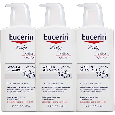 Eucerin Baby Wash & Shampoo - 2 in 1 Tear Free Formula, Hypoallergenic & Fragrance Free, Nourish and Soothe Sensitive Skin - 13.5 fl. oz. Pump Bottle (Pack of 3)