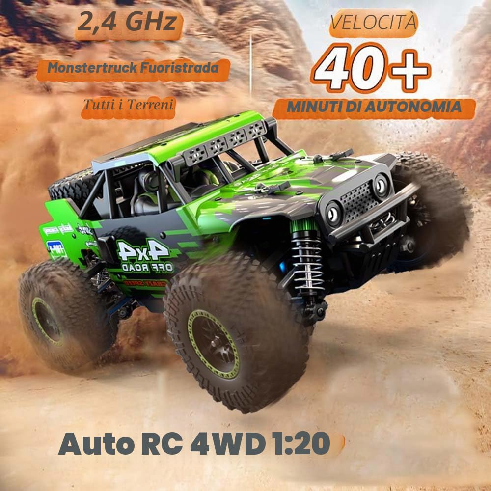 1/20 Auto telecomandata 4WD RC per adulti, motore a spazzole di carbone 40 KM/H RC MonsterTruck, 2,4 GHz fuoristrada auto da corsa fuoristrada, 3 pile (Verde)