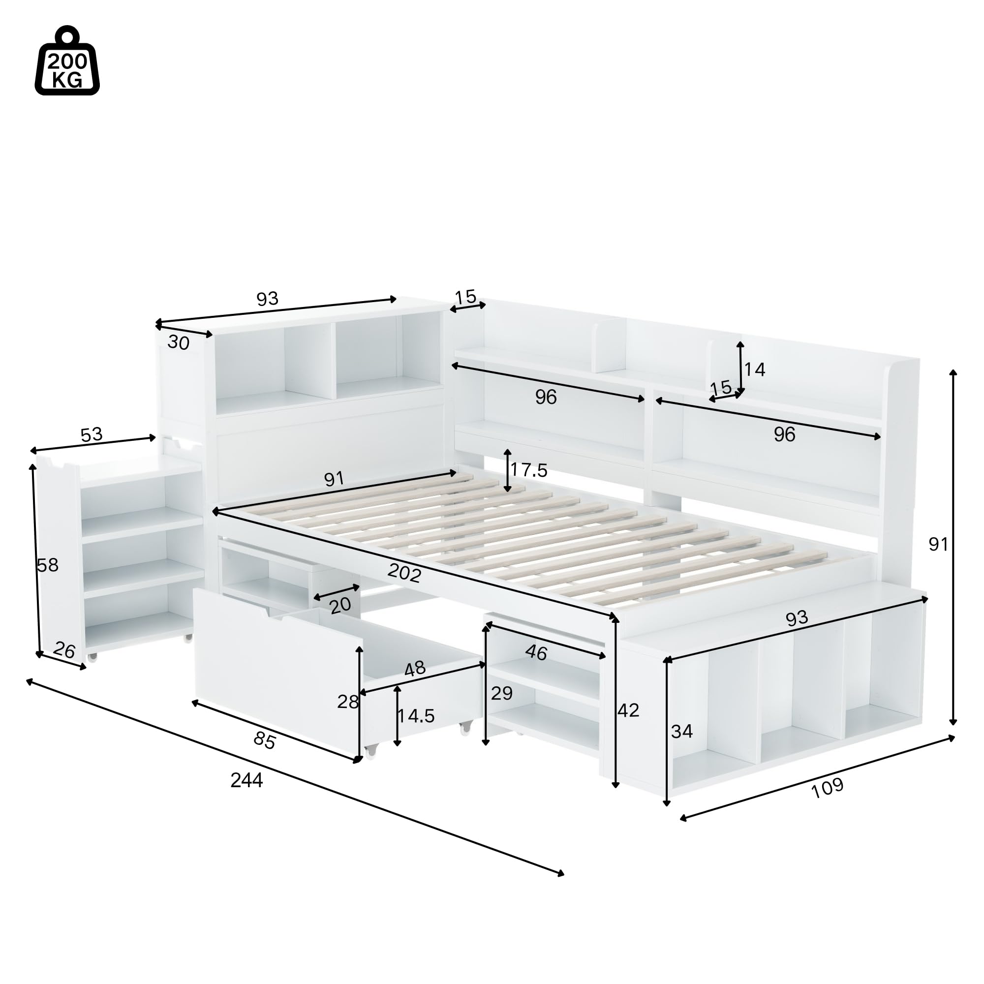 Zepneiy Lit Enfant 90x190 avec tiroirs et étagères, Lit Simple 90x200 multifonctionne avec Grand Espace de Rangement et sommier à Lattes, Crade de Blanc (sans Matelas)